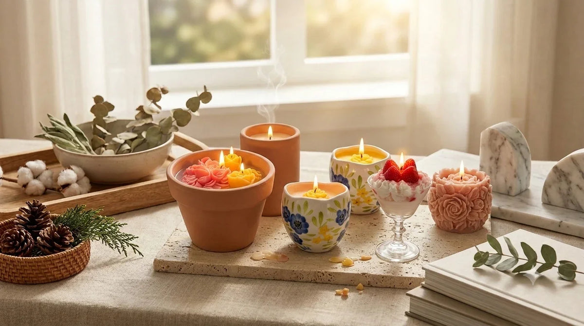 Handcrafted artisan celebration cake candles in floral and terracotta designs, glowing warmly on a cozy table.