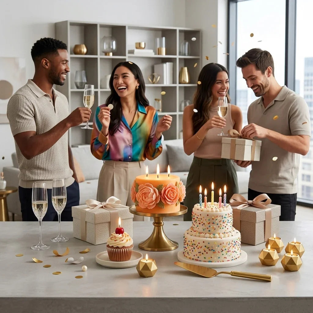 Friends celebrating with birthday cakes, lit candles, champagne, and gifts in a modern living room